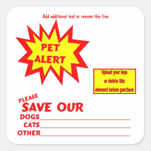 Customizable Square Emergency Pet Alert Stickers (Front)