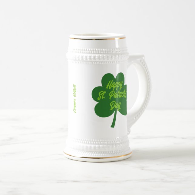 Customizable St. Patrick's Day Shamrock Beer Stein (Front Right)