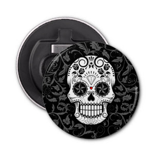 Customizable Sugar Skull with Grey Vines and Roses Bottle Opener
