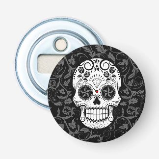 Customizable Sugar Skull with Grey Vines and Roses Bottle Opener