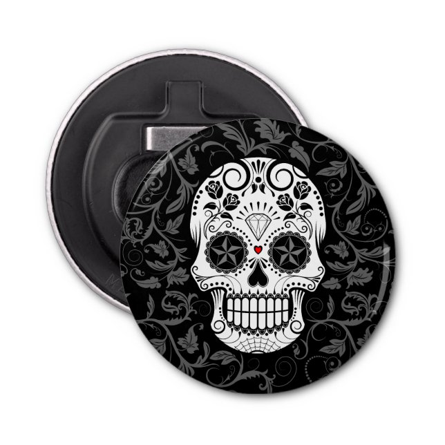 Customizable Sugar Skull with Grey Vines and Roses Bottle Opener (Front)