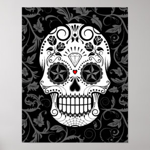 Customizable Sugar Skull with Grey Vines and Roses Poster