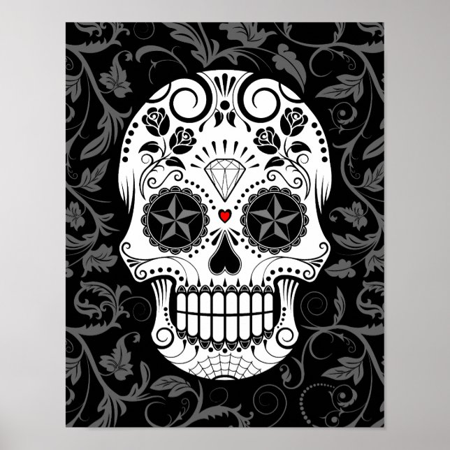 Customizable Sugar Skull with Grey Vines and Roses Poster (Front)