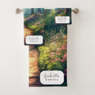 Customizable Summer Forest Path with Name Bath Towel Set