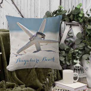 Customizable Sunny Beach With Starfish Rings Throw Pillow