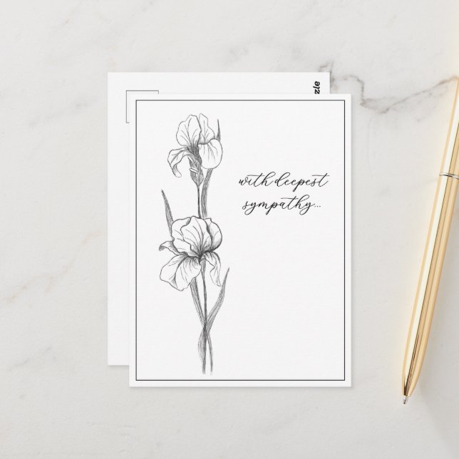 Customizable Sympathy Card with Hand-Drawn Iris  (Front/Back In Situ)