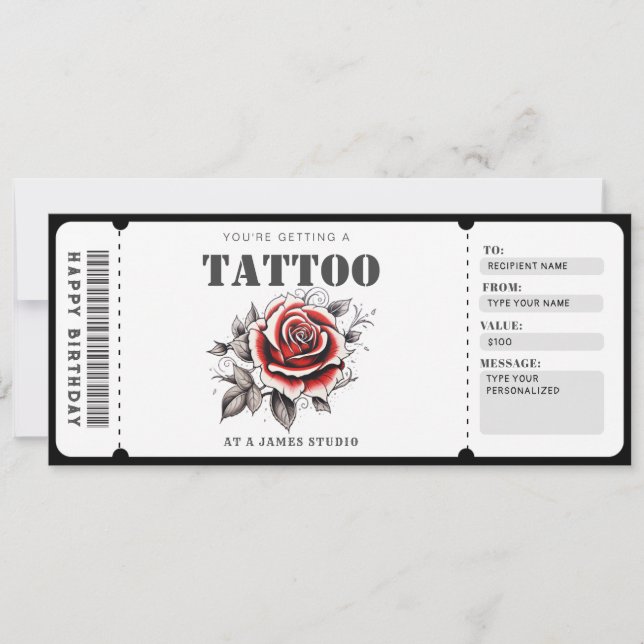 Customizable Tattoo Gift Certificate Ticket Invitation (Front)