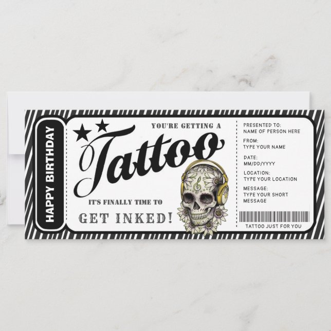 Customizable Tattoo Gift Certificate Ticket Invitation (Front)
