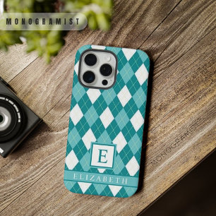 Customizable Teal Blue Green White Argyle Pattern iPhone 15 Pro Max Case