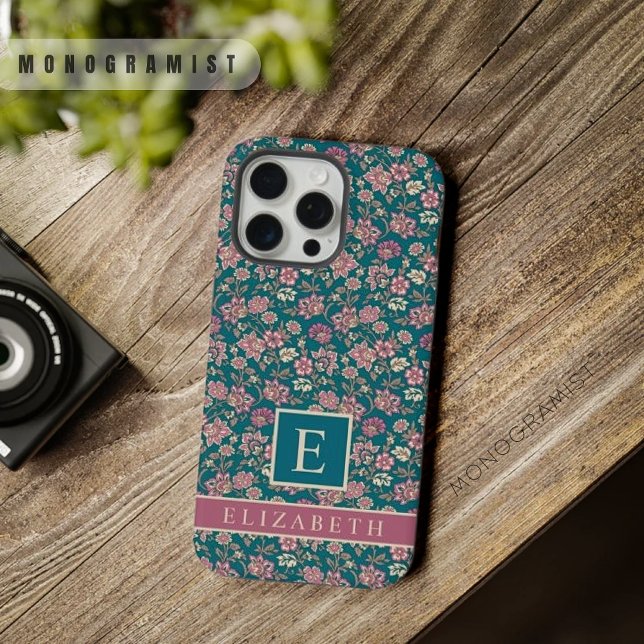 Customizable Teal Green Floral Pink Flowers iPhone Case (Customizable Teal Green Floral Pink Flowers iPhone Case)