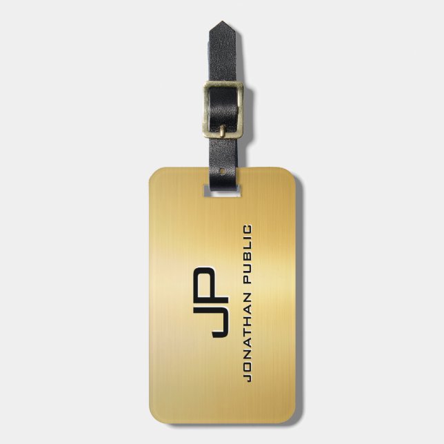 Customizable Template Metallic Look Gold Monogram Luggage Tag (Front Vertical)