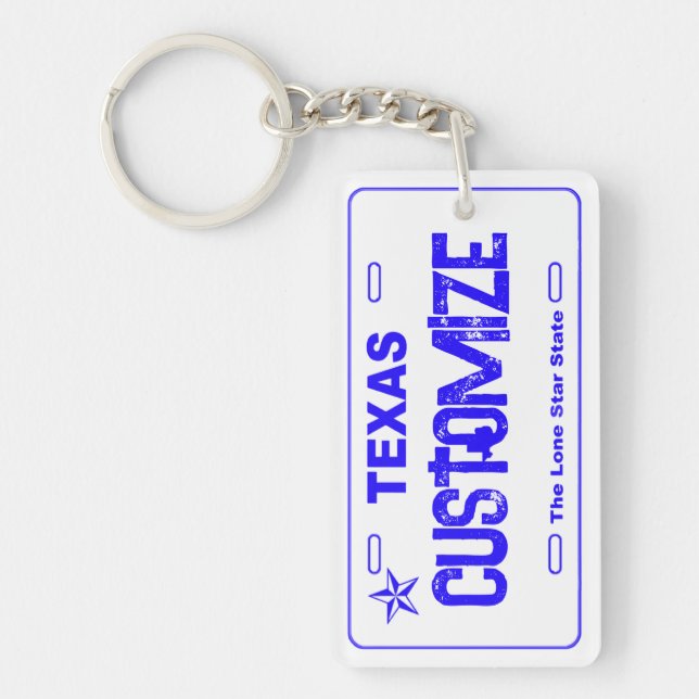 Customizable Texas blue license plate keychain (Front)
