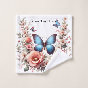 Customizable Text Blue Butterfly Floral Art-96279 Wash Cloth