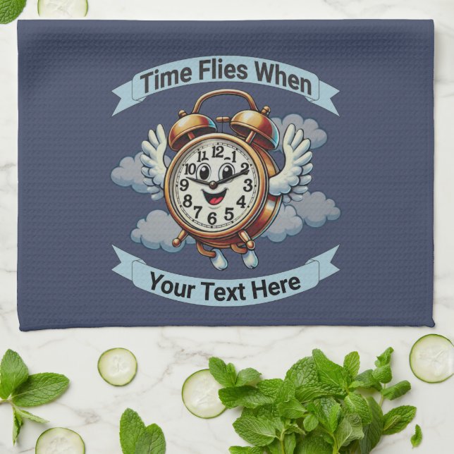 Customizable "Time Flies When" Flying Clock Kitchen Towel (Folded)