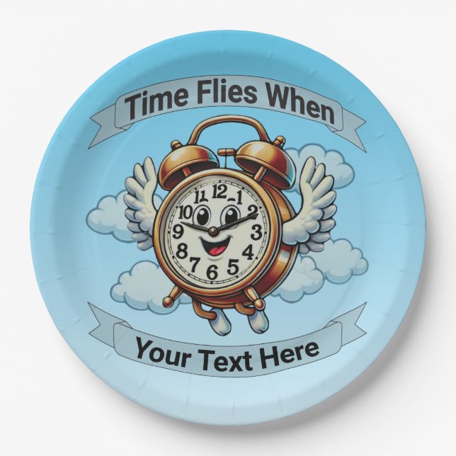 Customizable "Time Flies When" Flying Clock Paper Plate (Front)