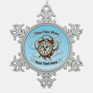 Customizable "Time Flies When" Flying Clock Snowflake Pewter Christmas Ornament