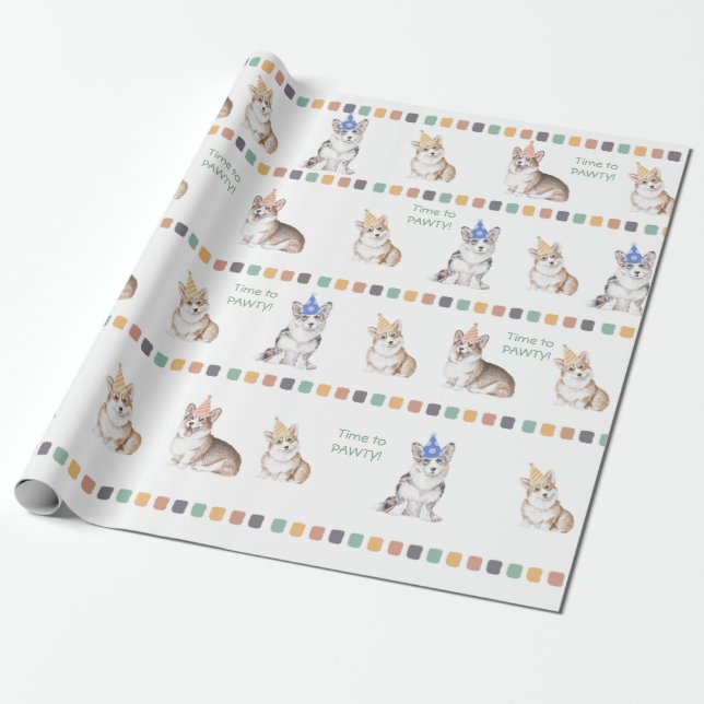 Customizable Time to PAWTY Corgi Wrapping Paper (Unrolled)
