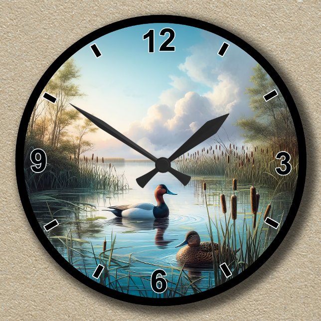 Customizable Tranquil Wetland Canvasback Ducks  Round Clock (Creator Uploaded)