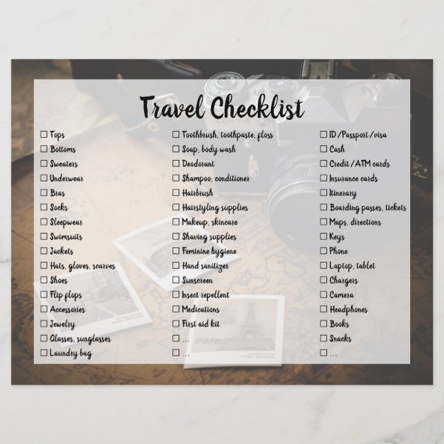 Customizable Travel Packing List Checklist (Front)