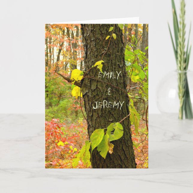 CUSTOMIZABLE//TREE WITH "CARVED" NAMES/FALL LEAVES CARD (Front)