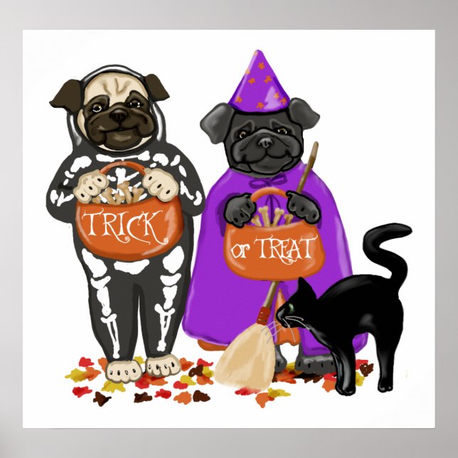 Customizable Trick or Treat Halloween Pugs Posters (Front)