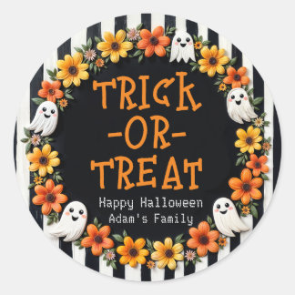 Customizable Trick-or-Treat - Rustic Ghost Floral Classic Round Sticker