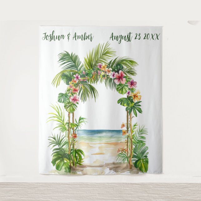Customizable Tropical Beach Arch Wedding Backdrop Tapestry (Front)