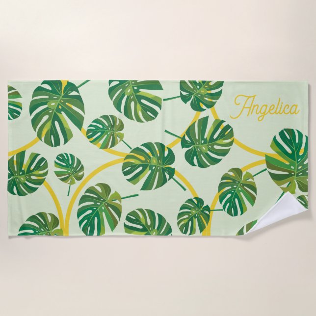Customizable Tropical Leaf and Gold Beach Towel (Front)