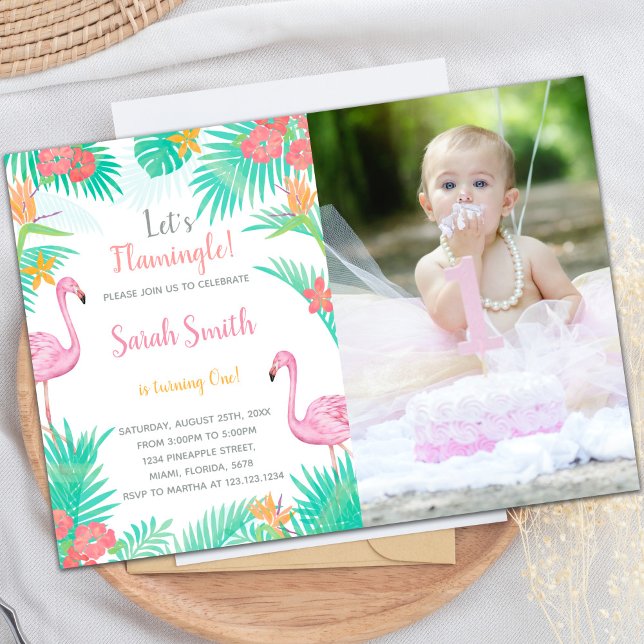 Customizable Tropical Party Invitations for Kids (Flamingo Birthday Invitations with photo)