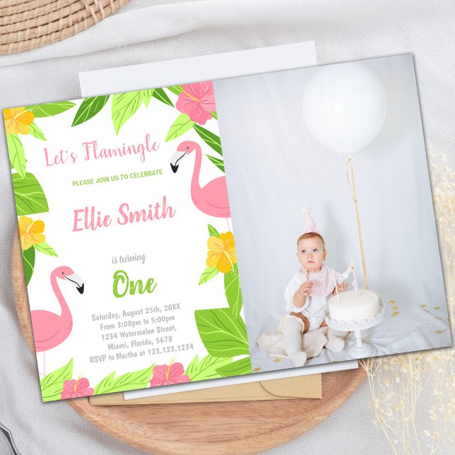 Customizable Tropical Party Invitations for Kids (Green Flamingo Birthday Invitations with photo)