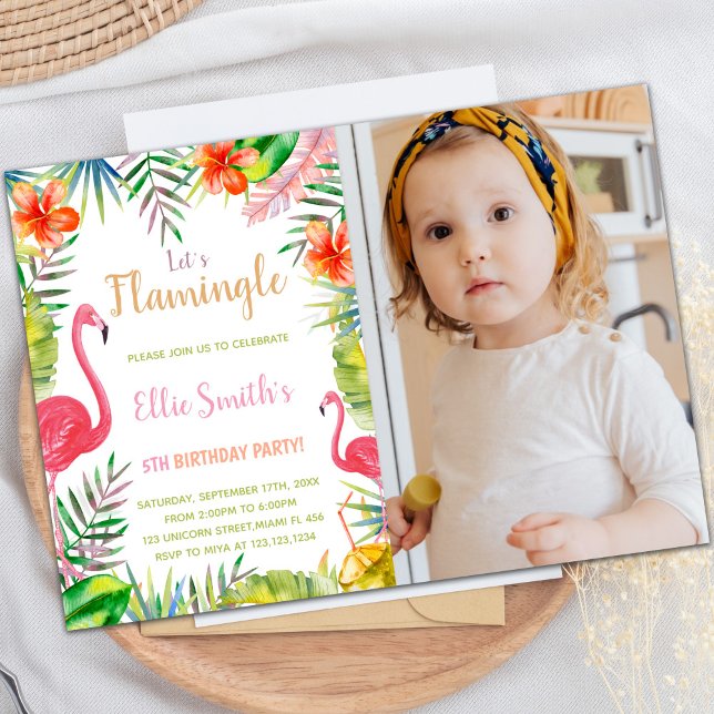 Customizable Tropical Party Invitations for Kids (Red Green Flamingo Birthday Invitations with photo)