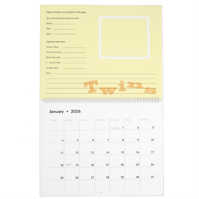 Customizable Twins pregnancy calendar (Jan 2026)
