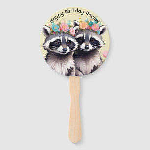 Customizable Two Adorable Racoons In Flower Crowns Hand Fan