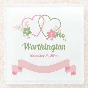 Customizable Two Linked Hearts Love Design Glass Coaster