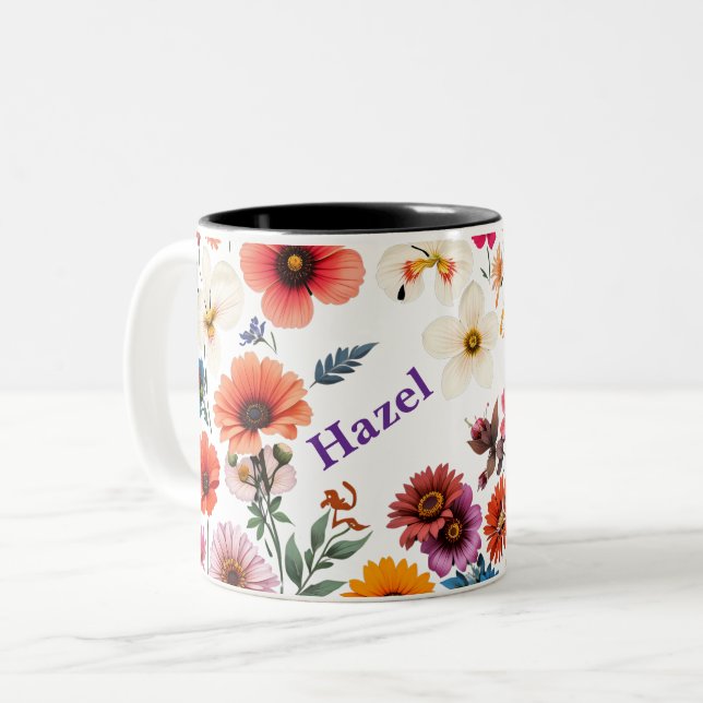 Customizable two tone floral coffee mug (Front Left)