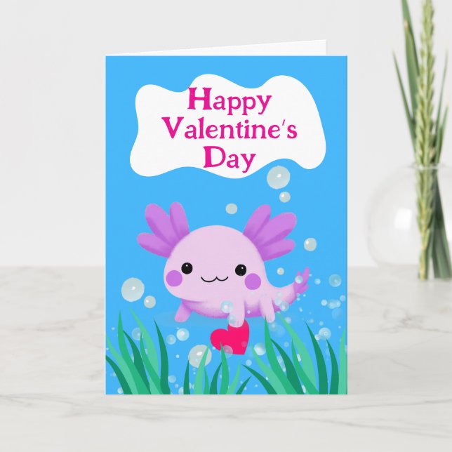 Customizable Valentine’s Day Axolotl with Heart Card (Front)