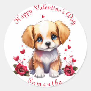 Customizable Valentine’s Day Puppy. Valentine Dog Classic Round Sticker