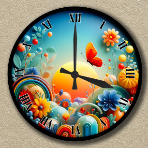 Customizable Vibrant Sunrise Butterfly Abstract Round Clock