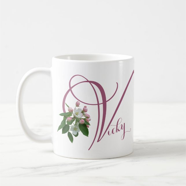 Customizable Vicky name monogram pink floral chic  Coffee Mug (Left)
