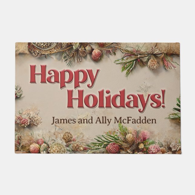 Customizable Vintage Antique Happy Holidays  Doormat (Front)