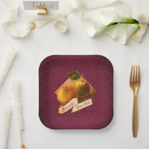 Customizable Vintage Apples Elegant Purple Damask Paper Plate