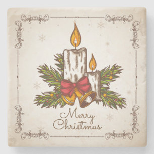 Customizable Vintage Family Christmas Candle Stone Coaster