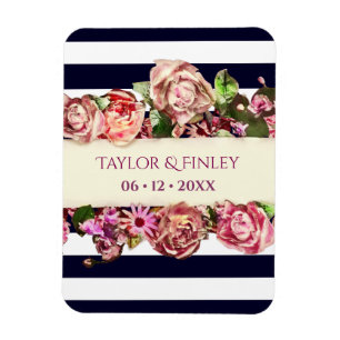 Customizable Vintage Modern Floral Striped Wedding Magnet