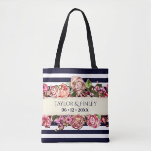 Customizable Vintage Modern Floral Striped Wedding Tote Bag
