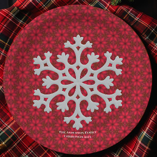 Customizable Vintage Red Snowflake Christmas Paper Plate