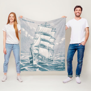 Customizable Vintage Sailing Ship Teal Nautical Fleece Blanket