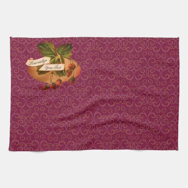 Customizable Vintage Strawberries Elegant Damask Kitchen Towel (Horizontal)