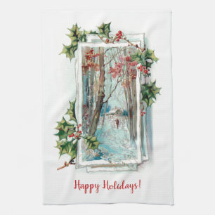 Customizable Vintage Winter Snow Scene with Holly Kitchen Towel
