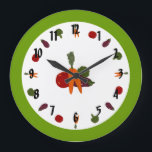Customizable Wall Clock with Colourful Vegetables<br><div class="desc">Perfect for a kitchen, watercolor carrots, tomatoes, eggplants and broccoli circle around the dial of this cheerful, decorative wall clock. The same vegetables are grouped together on a white background at the centre of the plate. The edge colour can easily be customized by changing the background colour. From my original...</div>