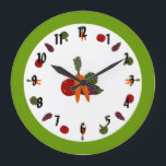 Customizable Wall Clock with Colourful Vegetables<br><div class="desc">Perfect for a kitchen, watercolor carrots, tomatoes, eggplants and broccoli circle around the dial of this cheerful, decorative wall clock. The same vegetables are grouped together on a white background at the centre of the plate. The edge colour can easily be customized by changing the background colour. From my original...</div>